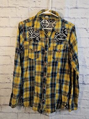 Gimmicks by BKE M Women's Flannel Shirt -‎ Distressed Raw Edge Tribal Appliqués